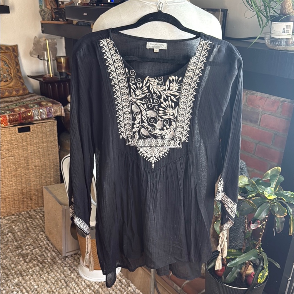 World market Embroidered Black Women's Top